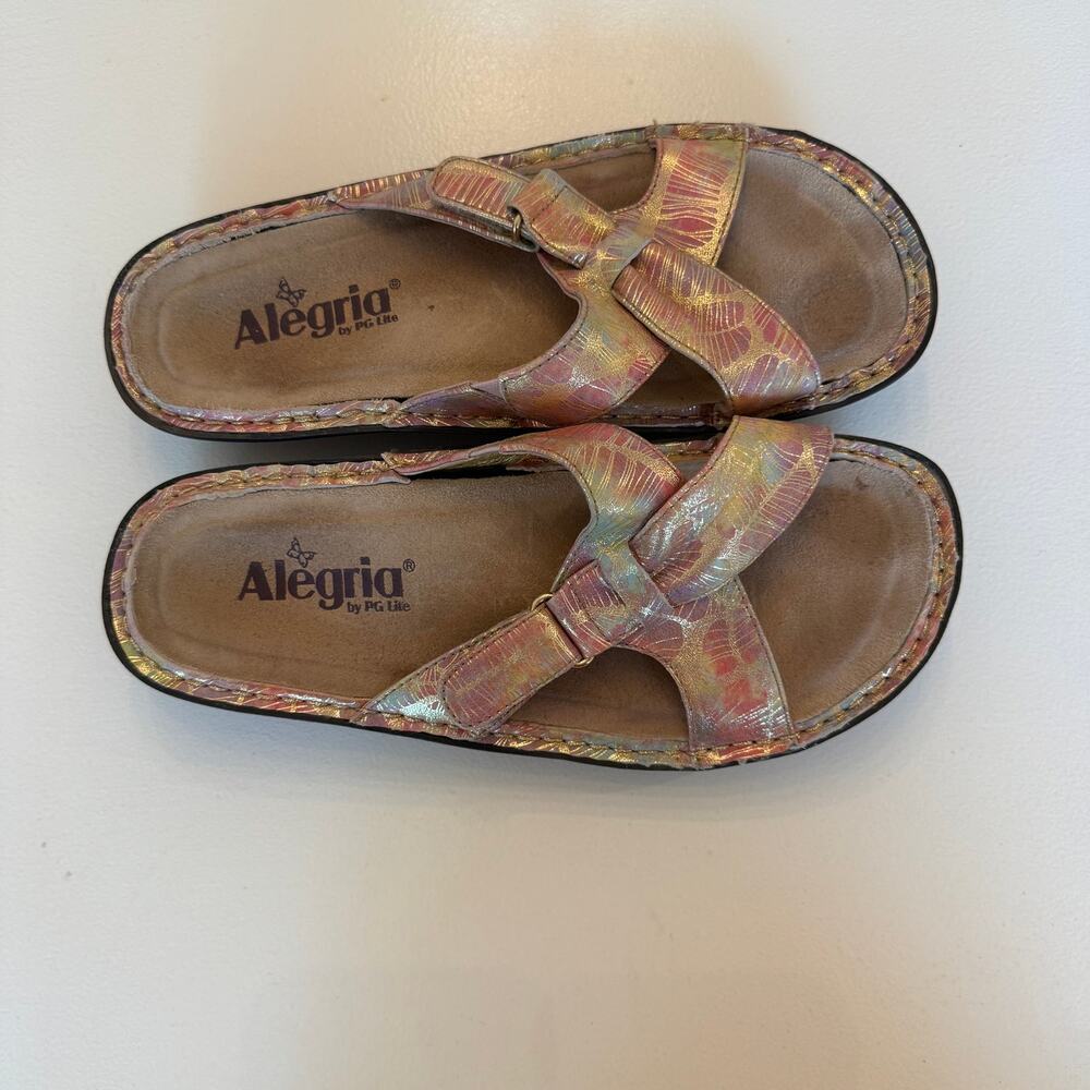Alegria Leather Sandals Pink Gold Metallic Comfort Slide Size 38 (US 8-8.5)